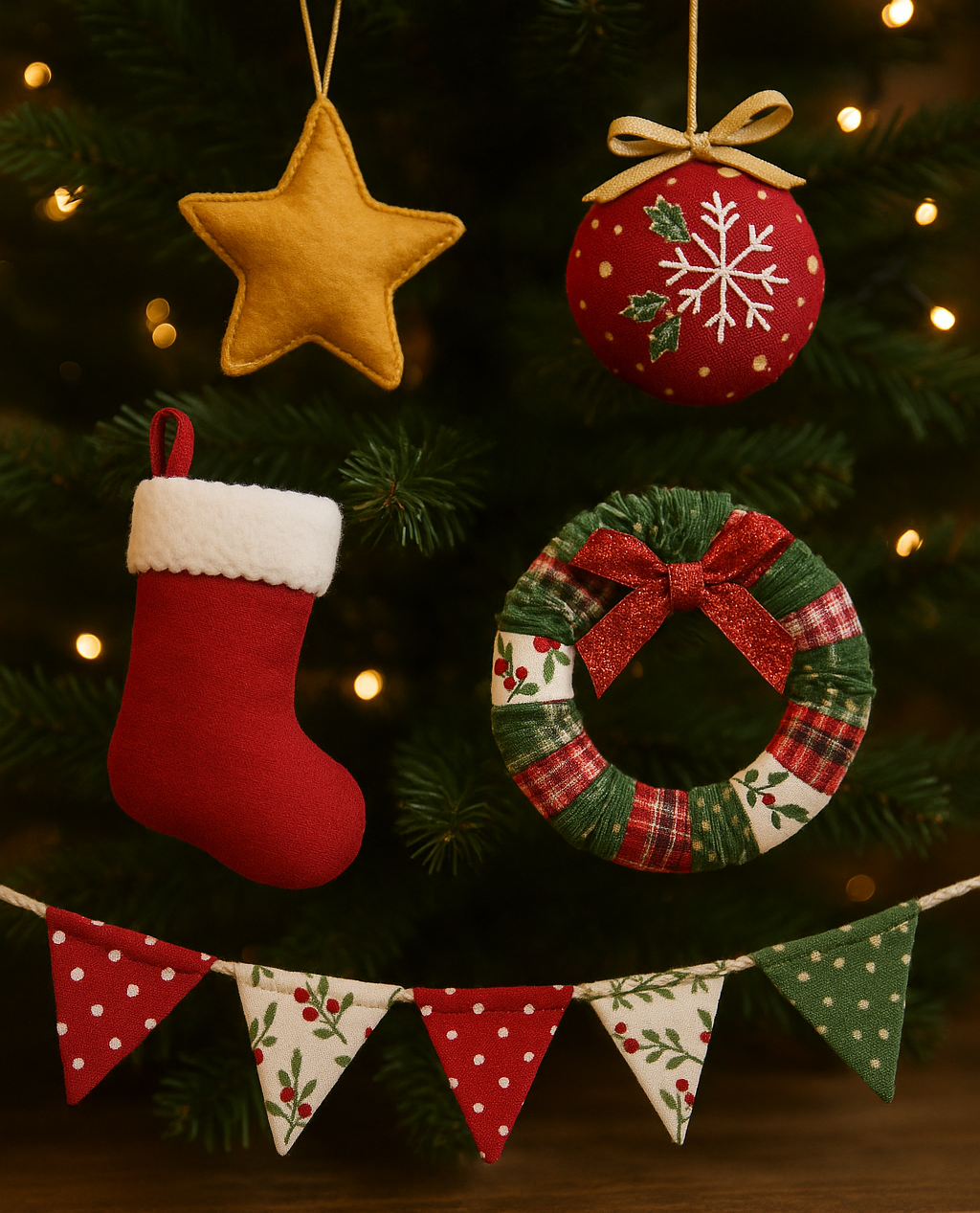 décorations de noël en tissus : chaussette de noel traditionnelle, étoile, couronne...